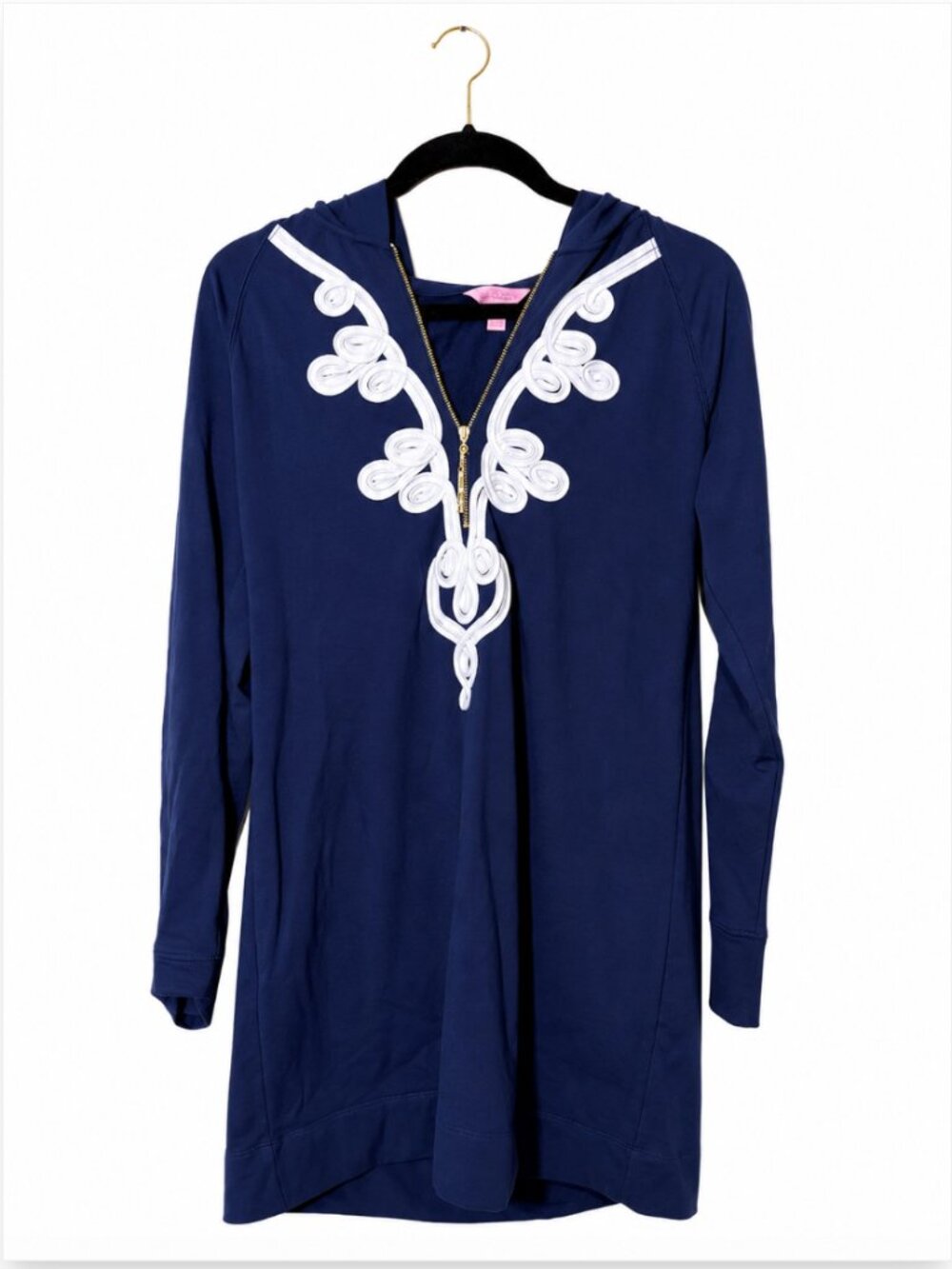 NWOT Lilly Pulitzer Navy Hooded Long Sleeve Zip-Up Dress White Embroidered Trim